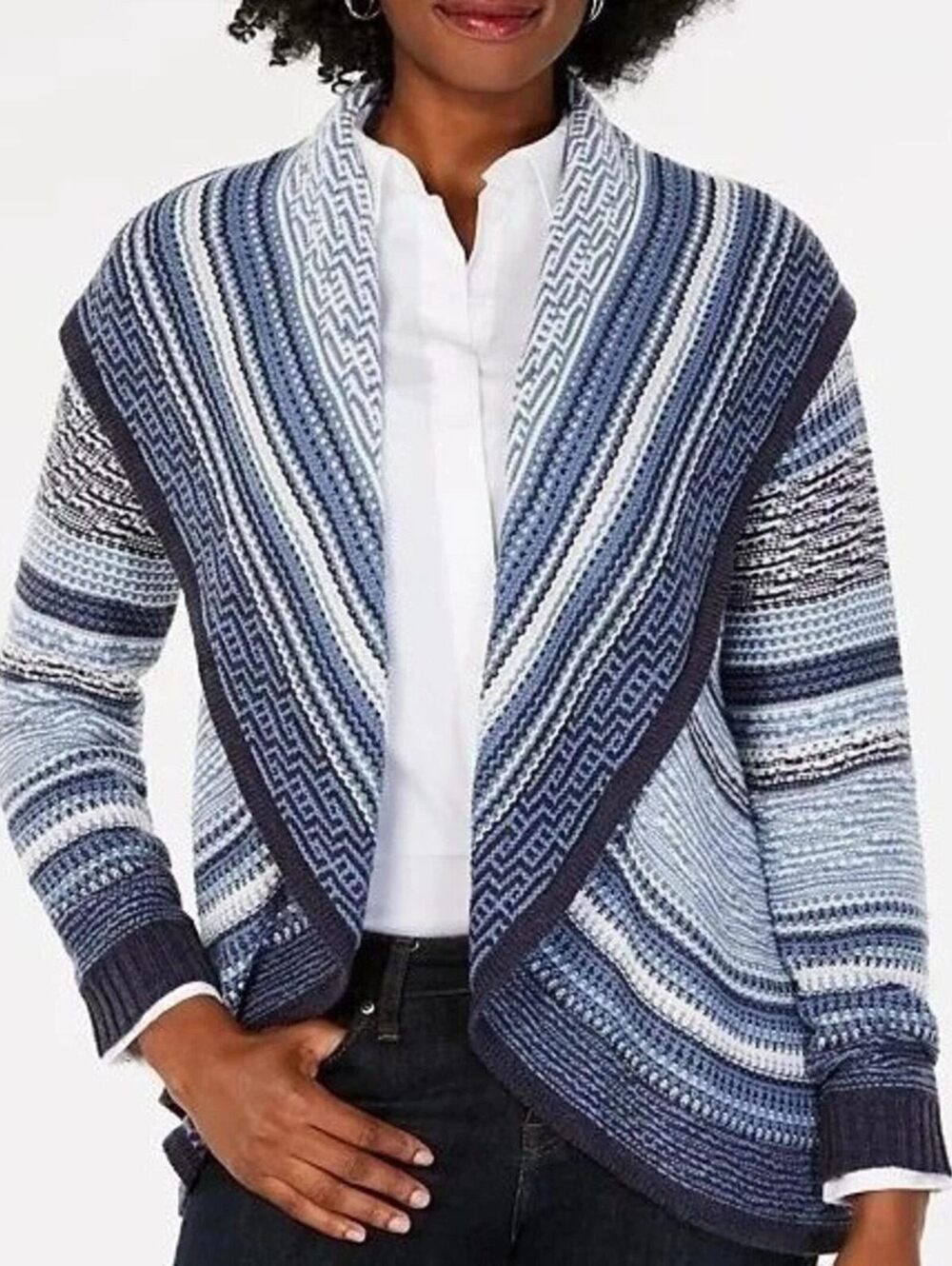 Charter Club Small Blue White Southwest Open Front Shawl Collar Cardigan Sweater